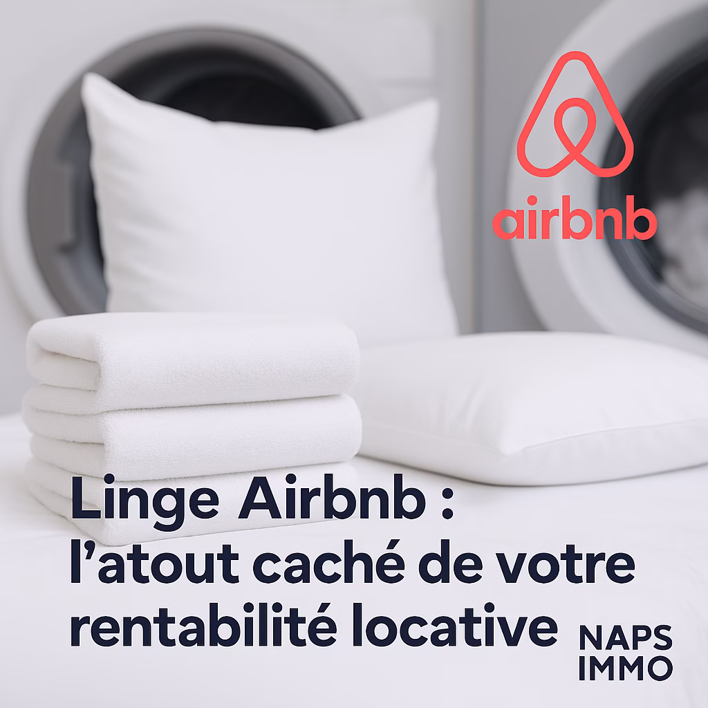 Linge de lit blanc hôtelier pour Airbnb – présentation professionnelle d’un lit parfaitement fait, symbole de propreté et de qualité pour les locations courte durée.