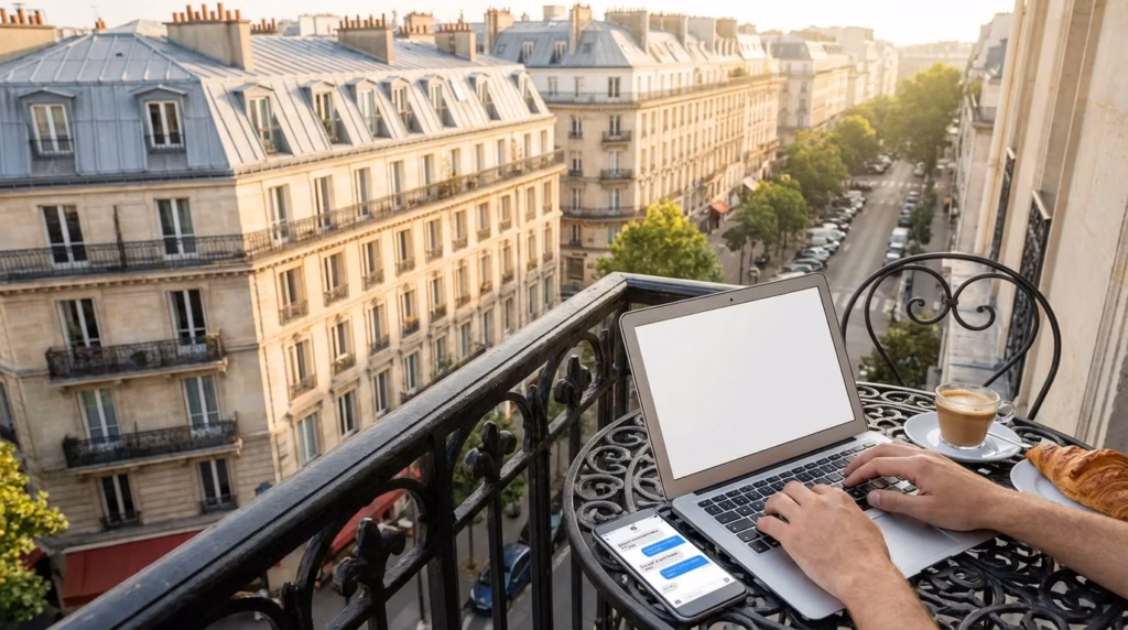 Vue d'un quartier parisien avec un ordinateur portable ouvert sur une interface de messagerie