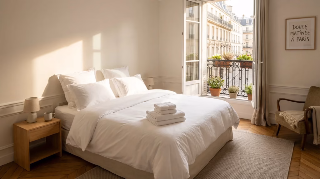 Chambre d'appartement parisien avec linge de lit blanc impeccable et serviettes pliées