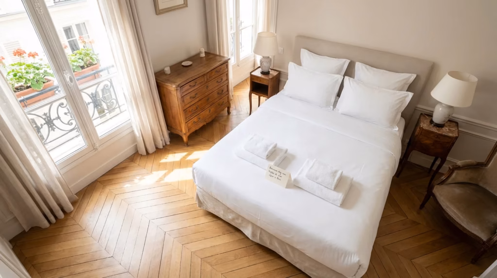 Chambre de location saisonnière Airbnb avec linge blanc impeccable dans un appartement parisien