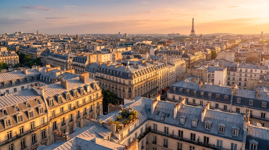 Vue aérienne des toits parisiens au coucher du soleil illustrant le marché locatif Airbnb en Île-de-France