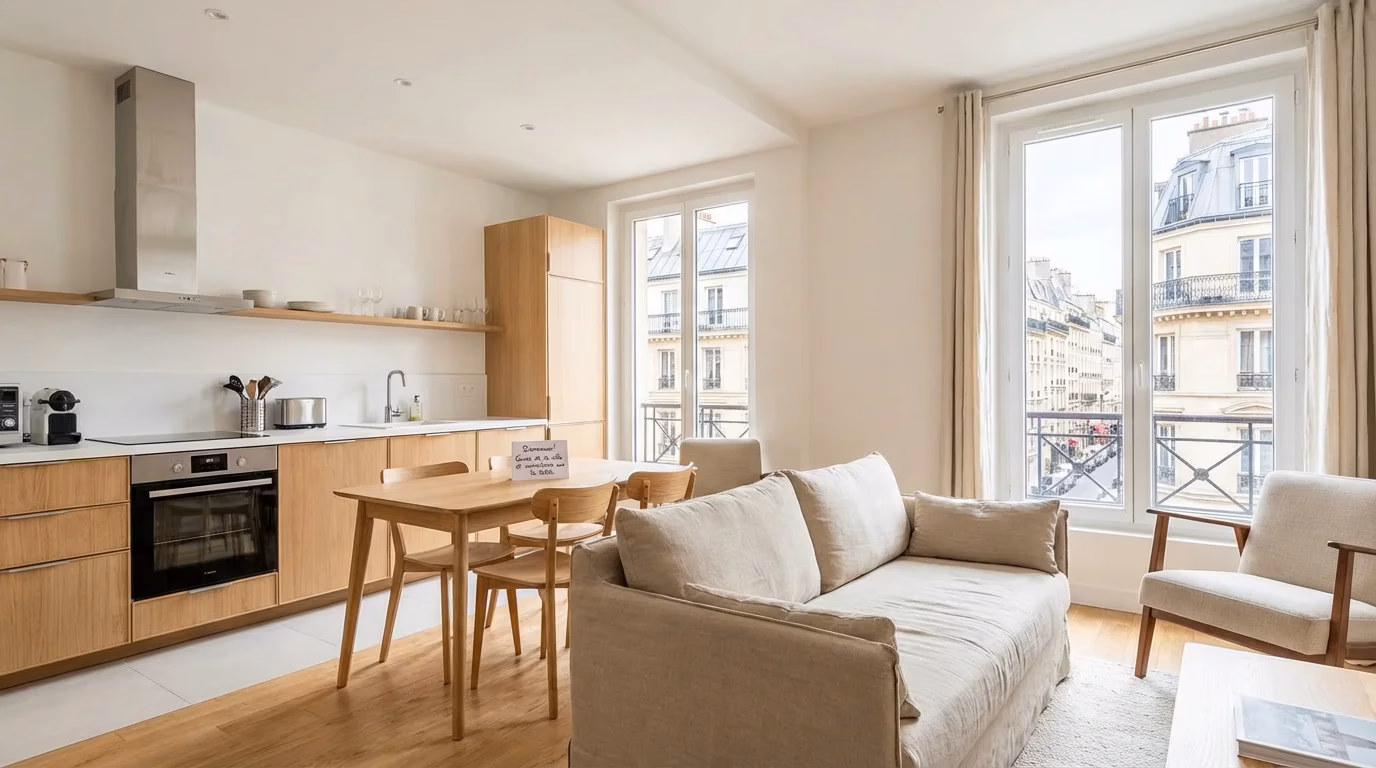 Intérieur soigné d'un appartement en location courte durée optimisé pour Airbnb
