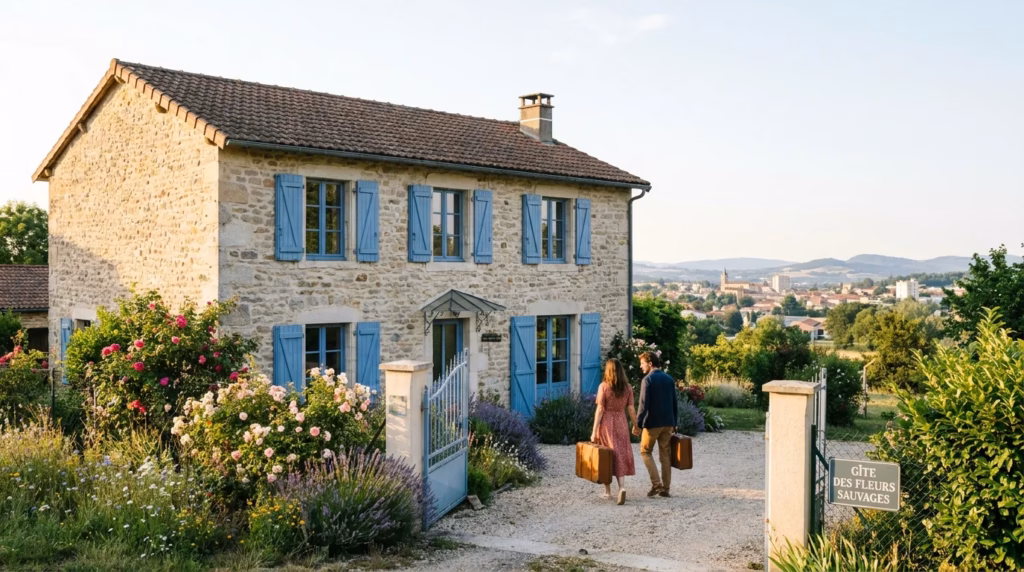 Gîte de charme en France avec couple de voyageurs à l'arrivée, illustrant la rentabilité de la location saisonnière