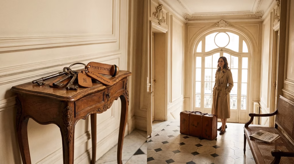 Accueil de voyageurs dans un immeuble parisien avec clés et valise