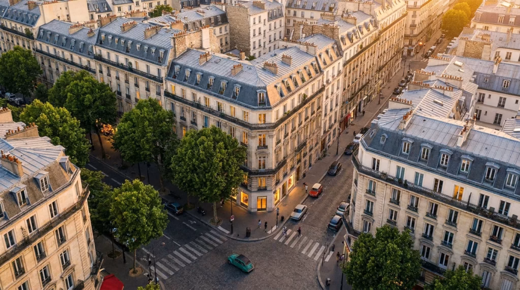 Vue aérienne d'immeubles parisiens en Île-de-France avec appartements meublés pour la location courte durée