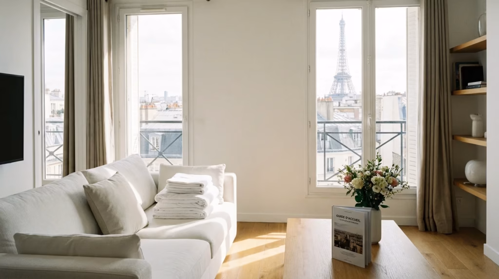 Salon d'un appartement meublé en Île-de-France prêt pour un séjour en location courte durée après ménage professionnel