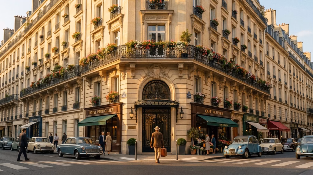 Voyageur arrivant devant un immeuble parisien pour un séjour Airbnb géré par une conciergerie