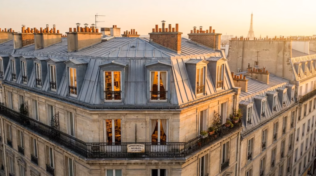 Parisian mansard rooftops at sunset with chimney stacks and a balcony, Eiffel Tower visible in the distance.