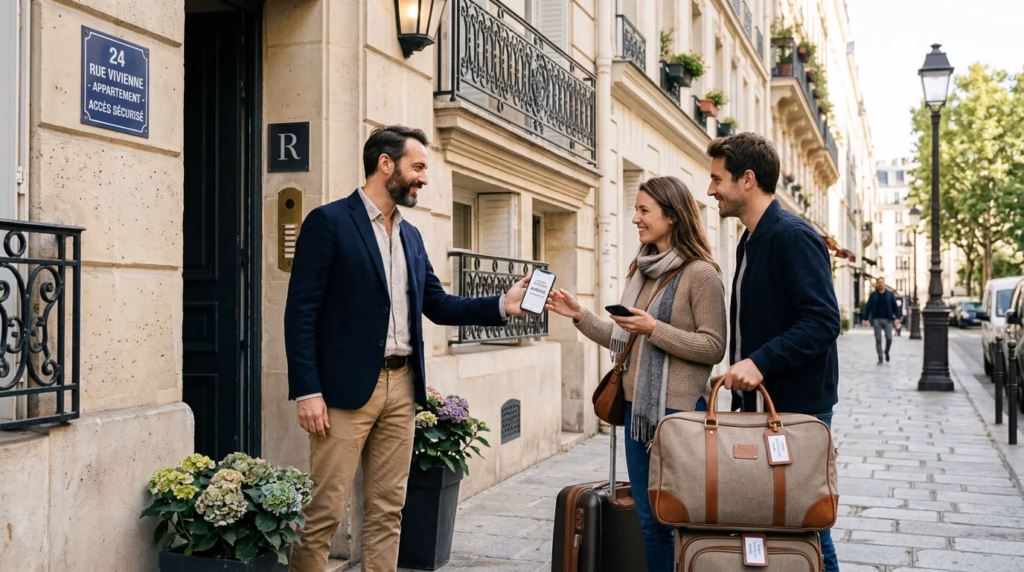 Accueil de voyageurs européens lors d'un check-in dans une location courte durée à Paris