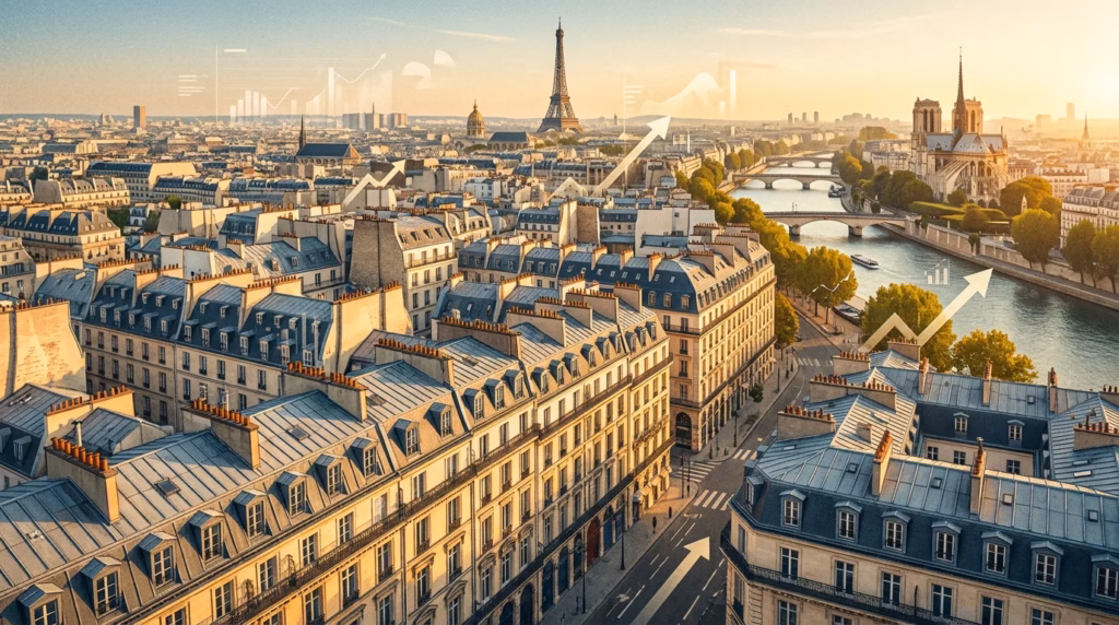 Vue aérienne de Paris illustrant le marché de la conciergerie immobilière dans la capitale