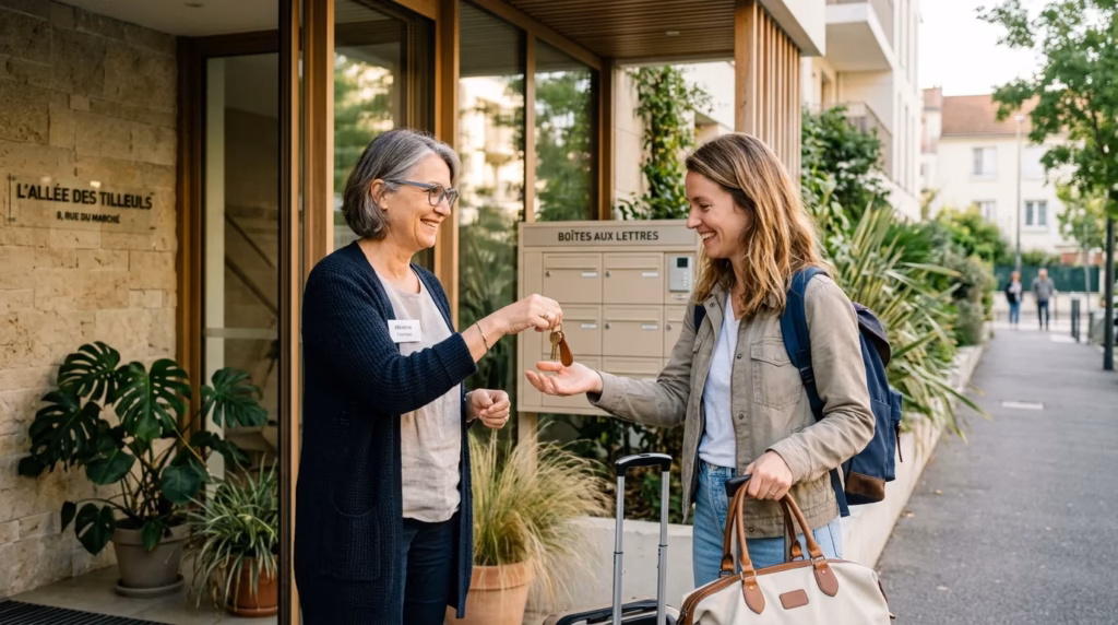 Two women exchange keys outside a building, one with a suitcase and backpack nearby.
