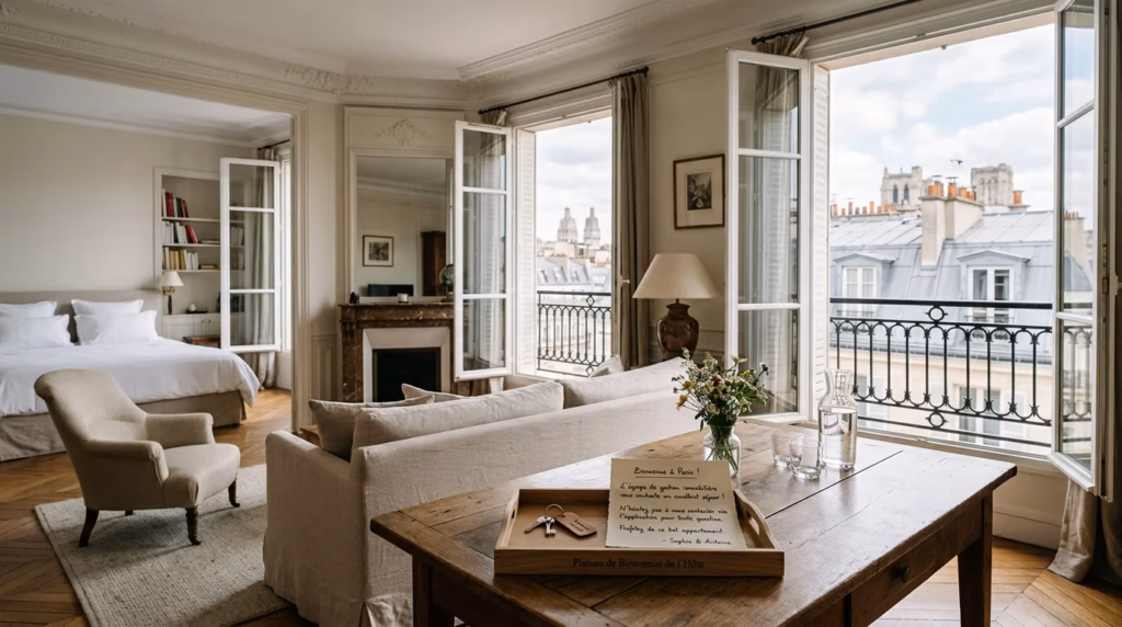 Suite living area with beige sofa, armchair, and a wooden table, opened French doors lead to a Paris rooftop view.