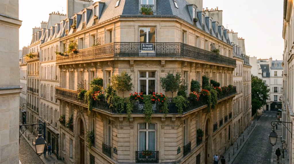 Façade d'un immeuble parisien proposant un bien locatif meublé en Île-de-France