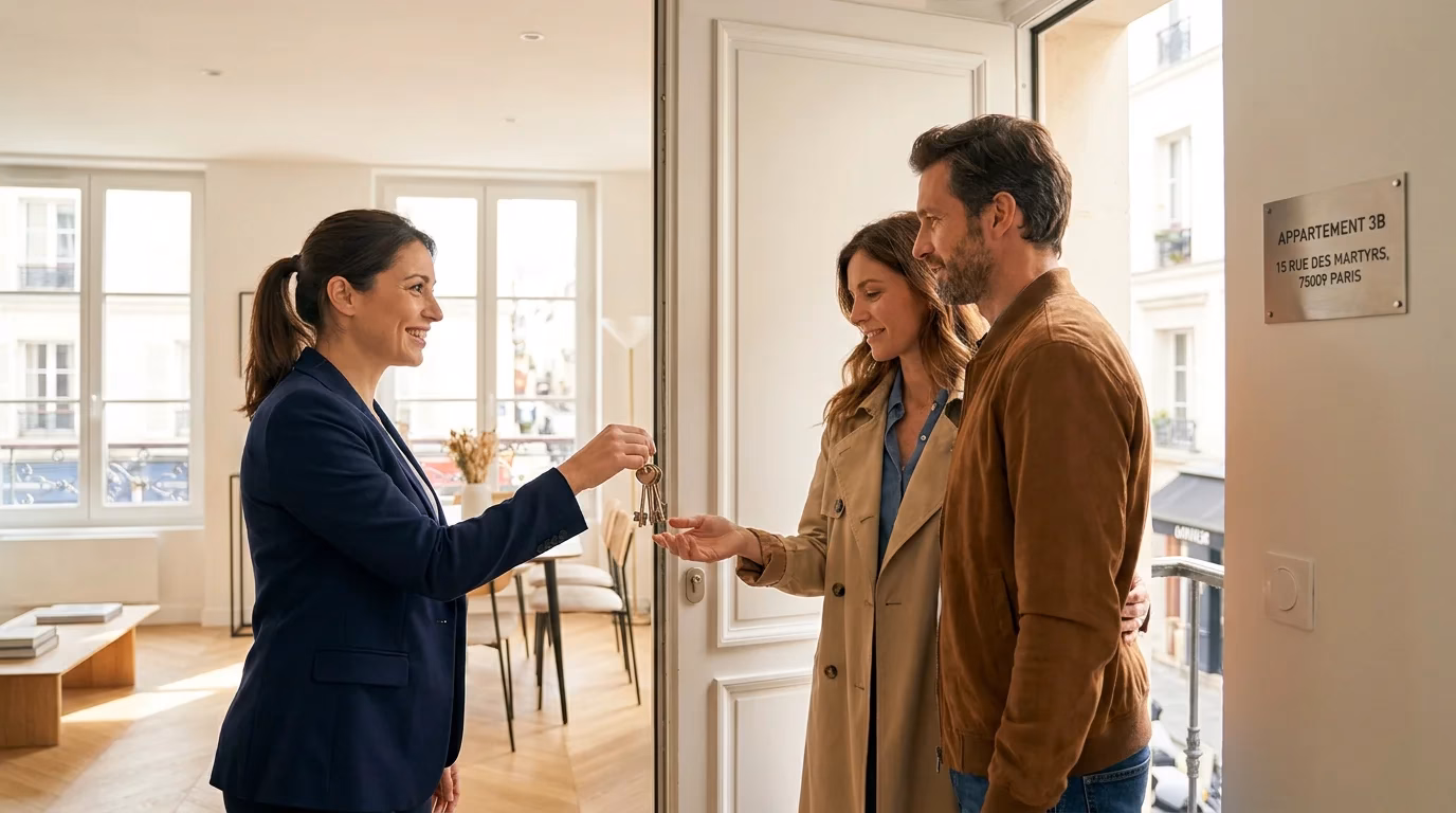 Concierge remettant les clés à des voyageurs lors du check-in dans un appartement en Île-de-France