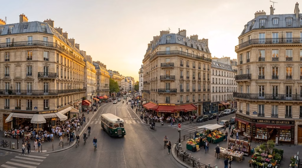 Rue animée du 10e arrondissement de Paris avec façades haussmanniennes et terrasses de cafés