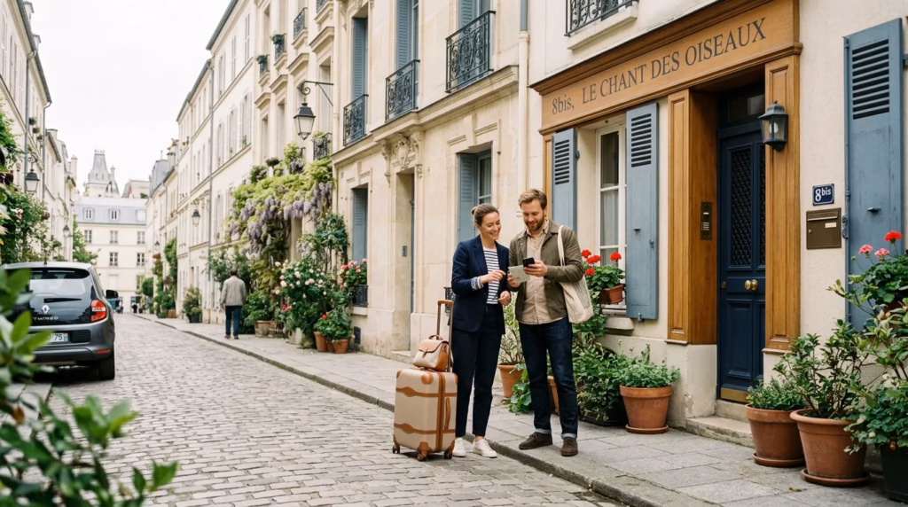 Couple standing on a quaint cobblestone street with a suitcase, looking at a phone outside a blue door and potted plants.