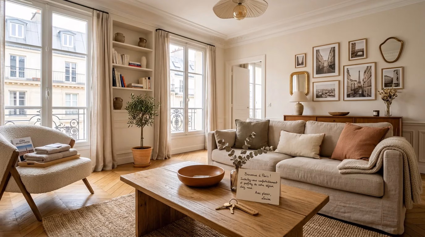 Salon d'un appartement aux Lilas prêt pour une location courte durée