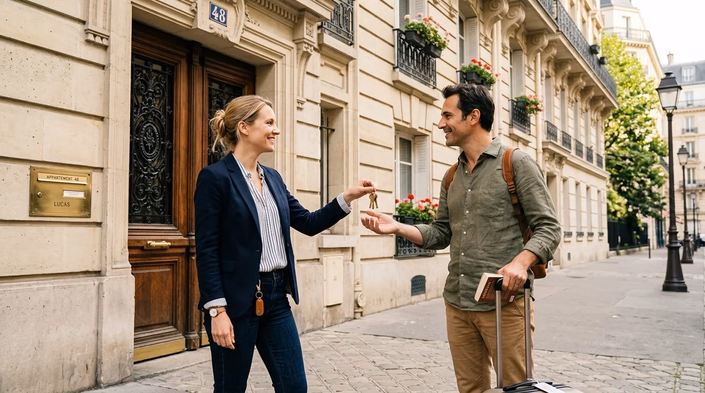 Concierge remettant les clés d'un logement à un voyageur en Île-de-France
