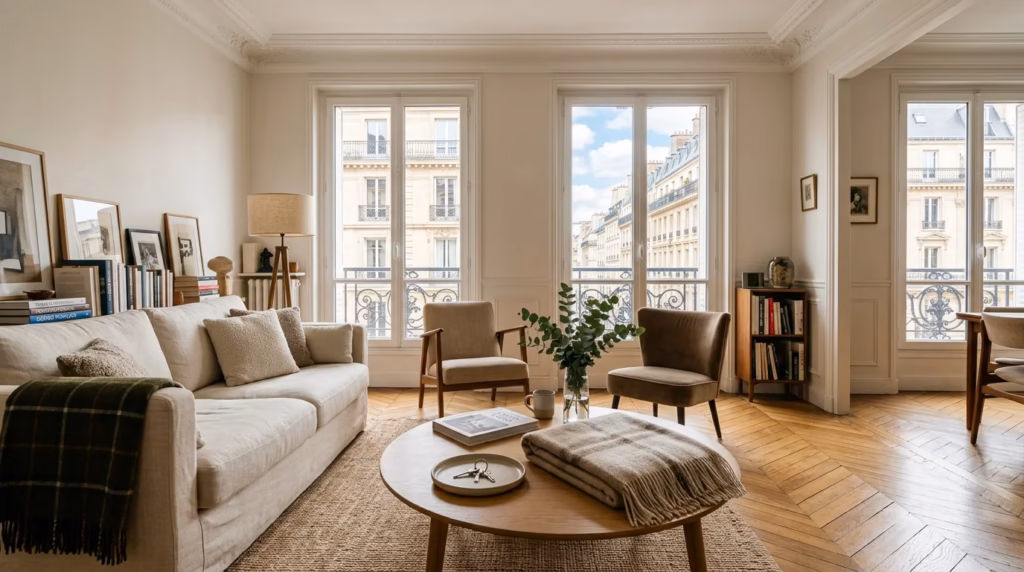 Salon d'un appartement parisien haussmannien préparé pour la location courte durée