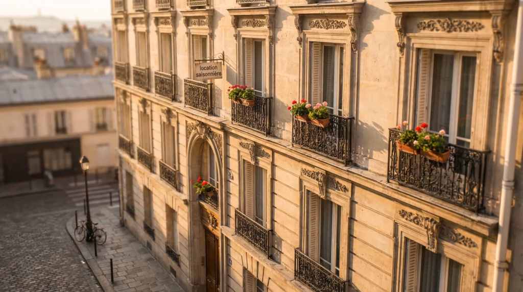 Immeuble haussmannien parisien typique avec balcons en fer forgé, évoquant la location saisonnière en Île-de-France