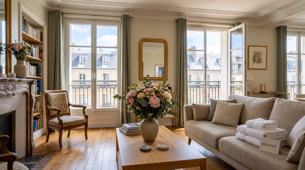 Salon d'un appartement parisien préparé pour l'accueil de voyageurs en location saisonnière