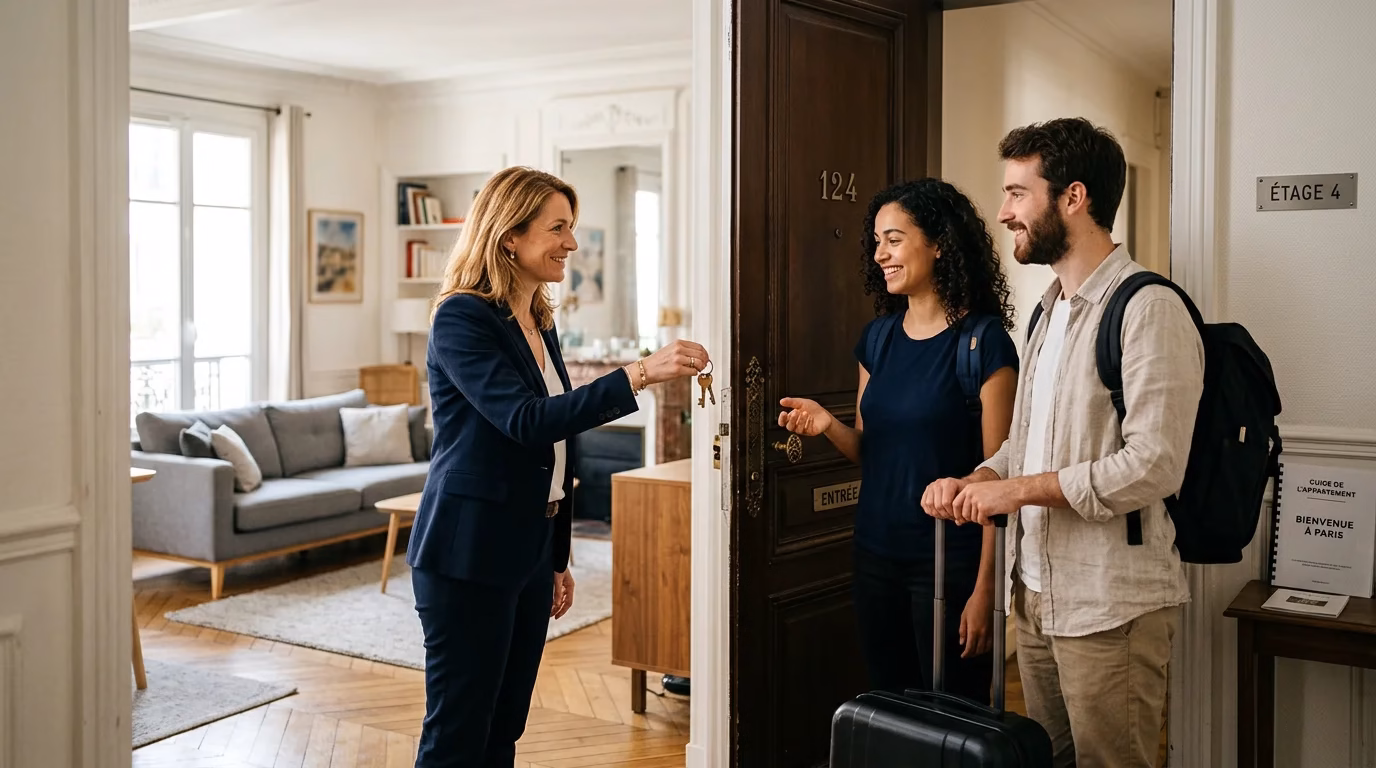 Concierge remettant les clés d'un logement à des voyageurs dans un appartement parisien