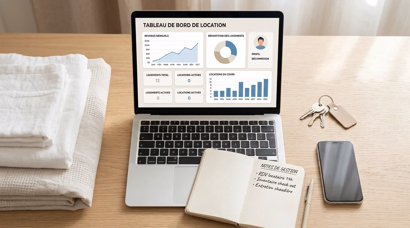 Bureau avec tableau de bord de gestion locative, clés et linge propre