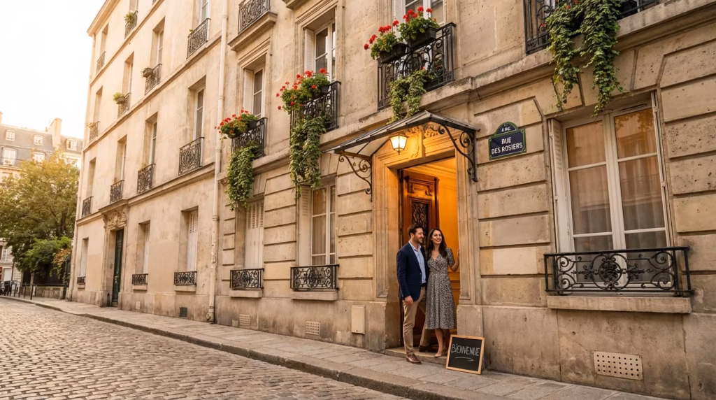 Accueil de voyageurs devant un immeuble parisien typique en location courte durée