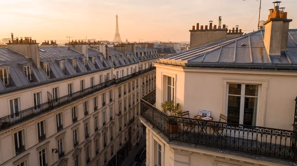 Vue des toits parisiens au coucher du soleil évoquant la location courte durée à Paris