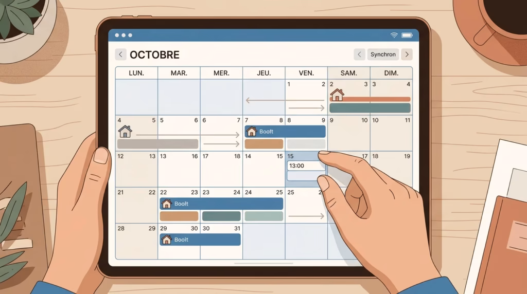 Tablet displaying an October calendar with colored event bars and a finger tapping a date on a desk setup.