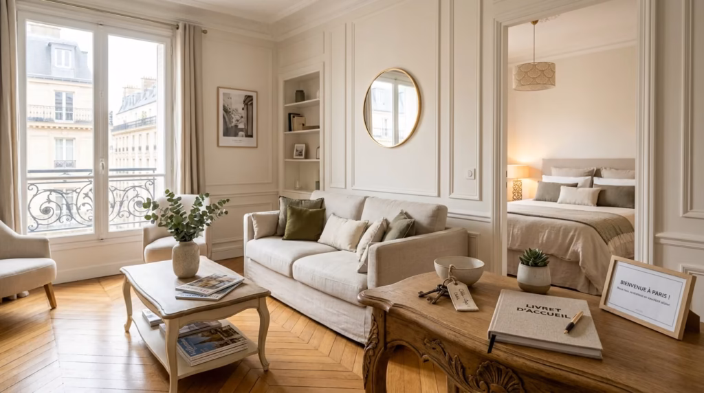 Salon d'un appartement parisien préparé pour la location courte durée