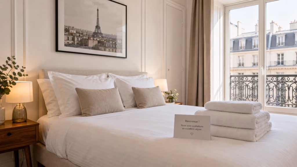 Lit dressé avec du linge blanc de qualité hôtelière dans une location courte durée