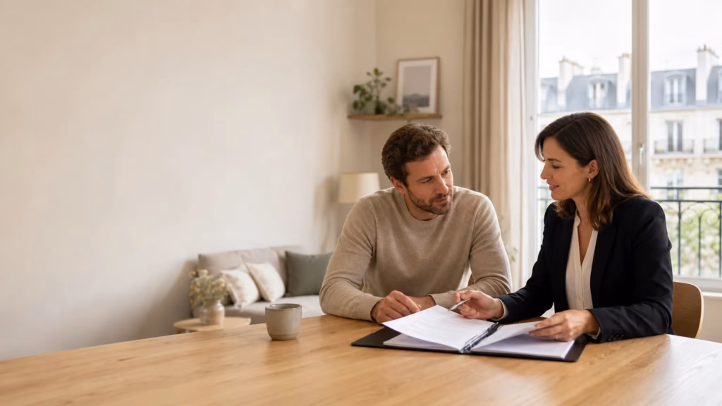 Propriétaire échangeant avec un opérateur immobilier au sujet d’une sous-location professionnelle en Île-de-France