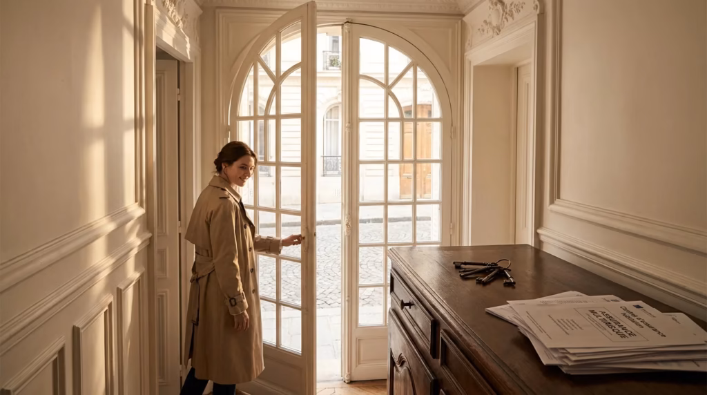 Propriétaire sereine à l'entrée de son appartement parisien avec ses documents d'assurance location