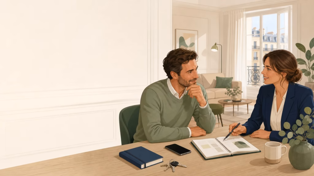 Propriétaire européen échangeant avec une professionnelle de la gestion locative dans un appartement lumineux en Île-de-France