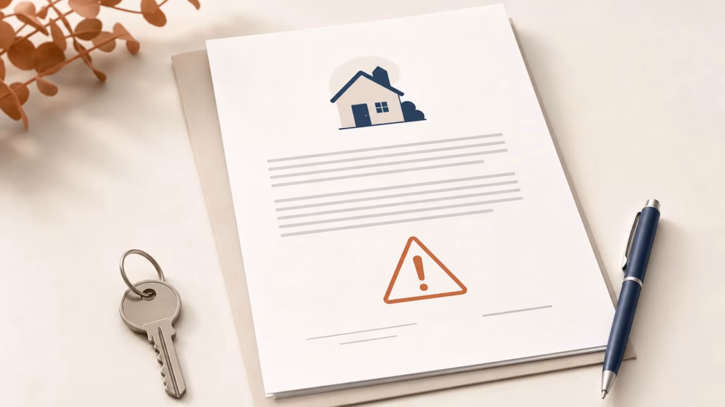 Contrat de conciergerie Airbnb avec symbole d’avertissement et clés