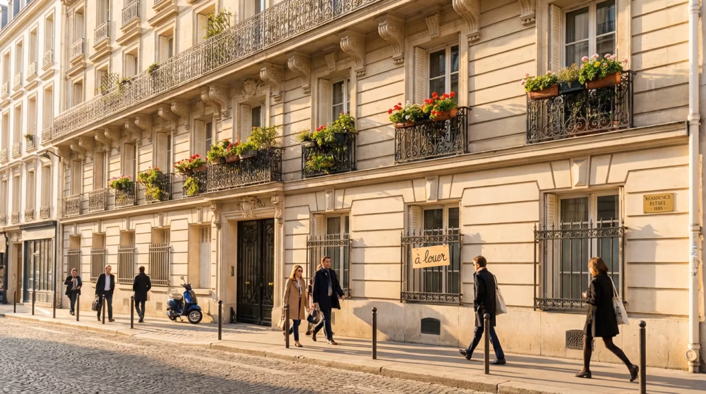 Immeuble parisien typique avec balcons en fer forgé, évoquant la location courte durée en Île-de-France