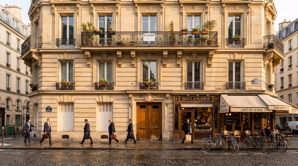 Façade d'immeuble parisien avec balcons, illustrant le marché de la location saisonnière en Île-de-France