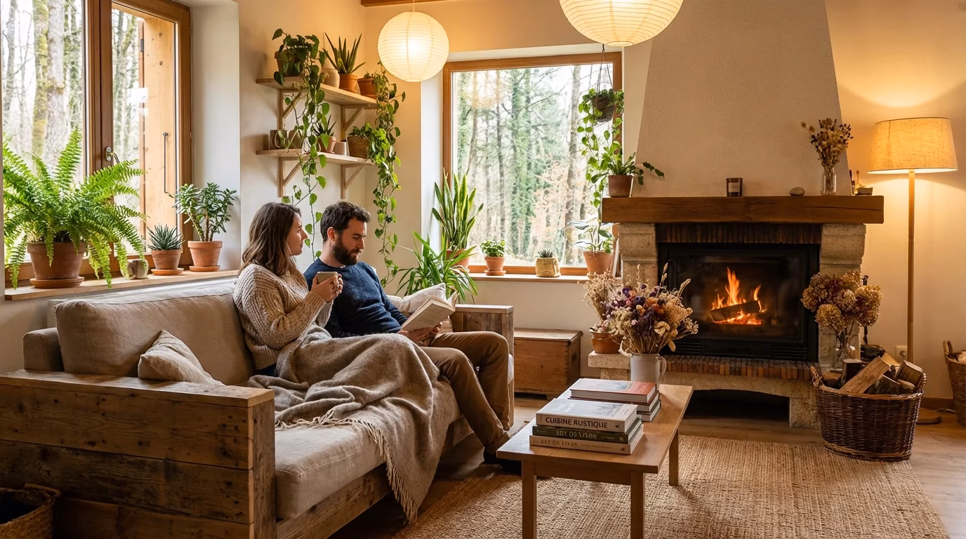 Intérieur chaleureux d'une location saisonnière écoresponsable en France