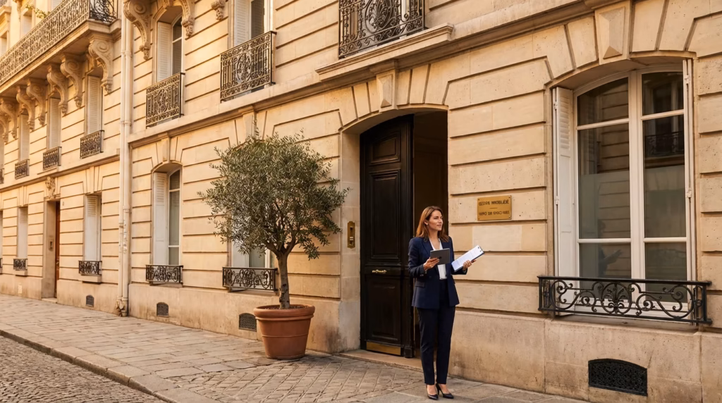 Gestionnaire immobilière devant un immeuble haussmannien parisien pour la gestion Airbnb